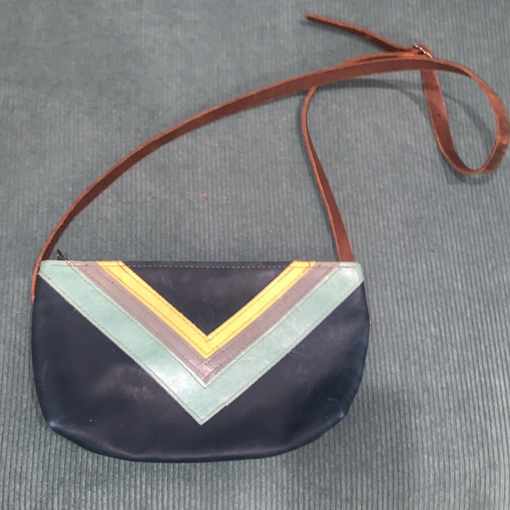 Navy blue chevron stripe design leather handcrafted crossbody bag zip closure